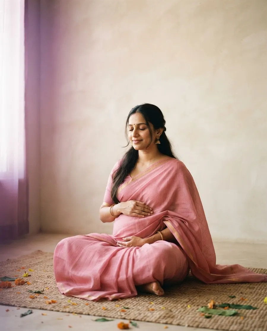 Expecting mother seated calmly with a hand on her belly