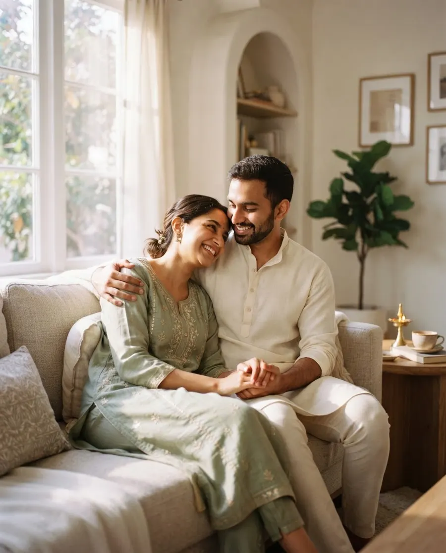 Young couple sitting together in a sunlit living room, planning their family