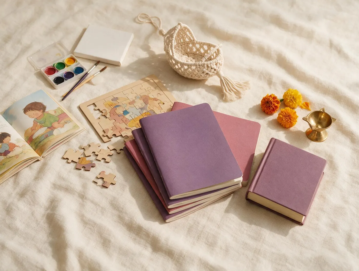 Flat lay of the Sanskar Shakti kit: notebooks, a puzzle, a picture book, watercolours and a macrame cradle