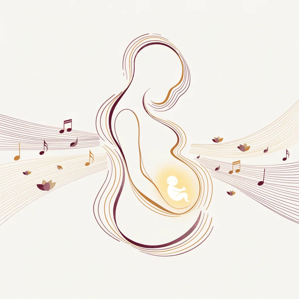 Illustration of a baby listening to music and words from inside the womb